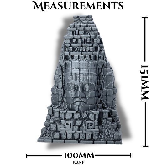 Measurement guide for Aztec Monument terrain showing approximate 151mm height and 100mm base footprint.
