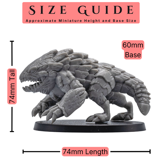 Size guide for a 32mm scale Bulette miniature by Forged Path Miniatures showing approximate height, length, and 60mm base size.