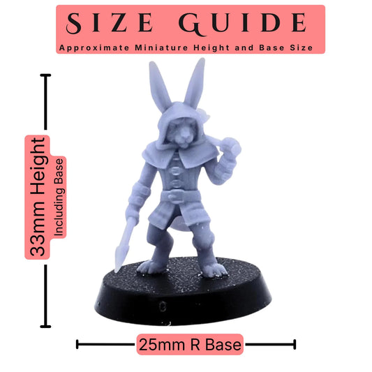 Bunny Army Warrior Rabbit Folk 28mm scale miniature size guide showing an approximate 33mm height including base and 25mm round base size.