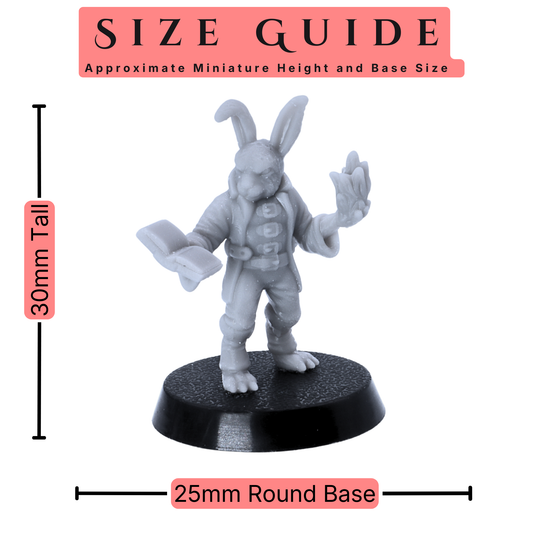 Size guide for Bunny Tribe miniature showing approximate 30mm height and 25mm round base.