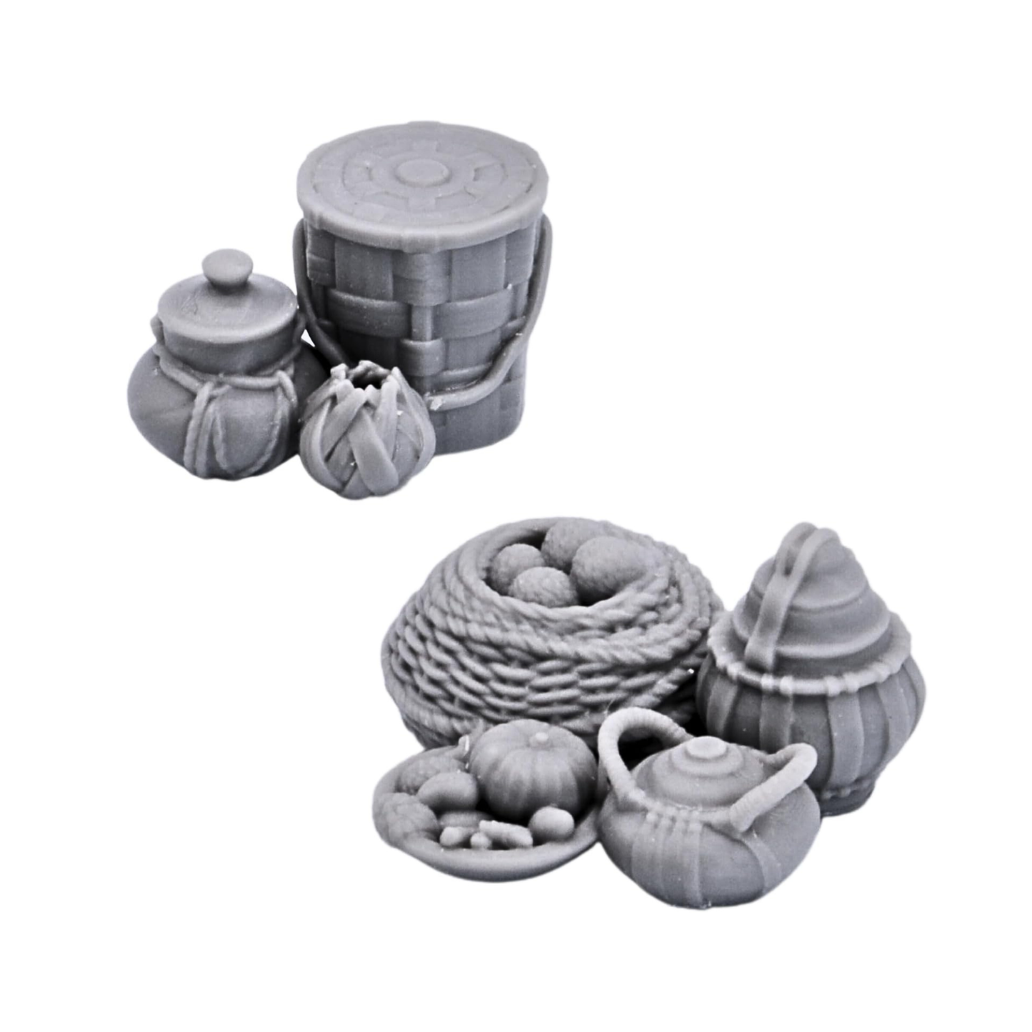 Fantasy camp storage props with barrel jars sacks baskets and food supplies