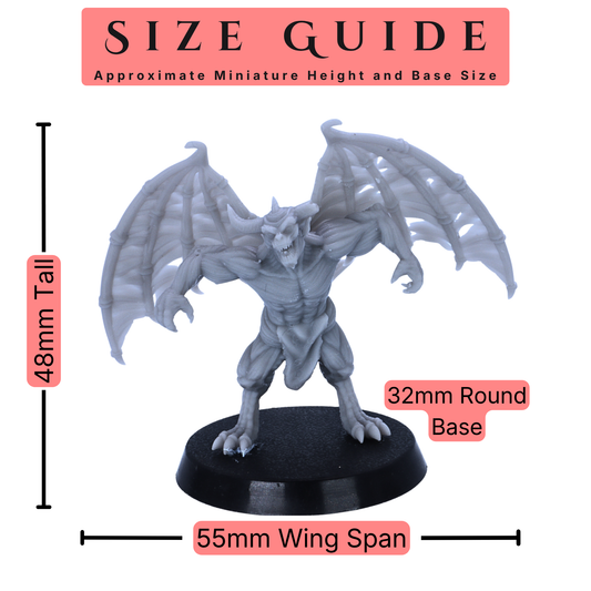 Size guide for the Devil Minions miniatures showing 48mm height, 55mm wingspan, and 32mm round base.
