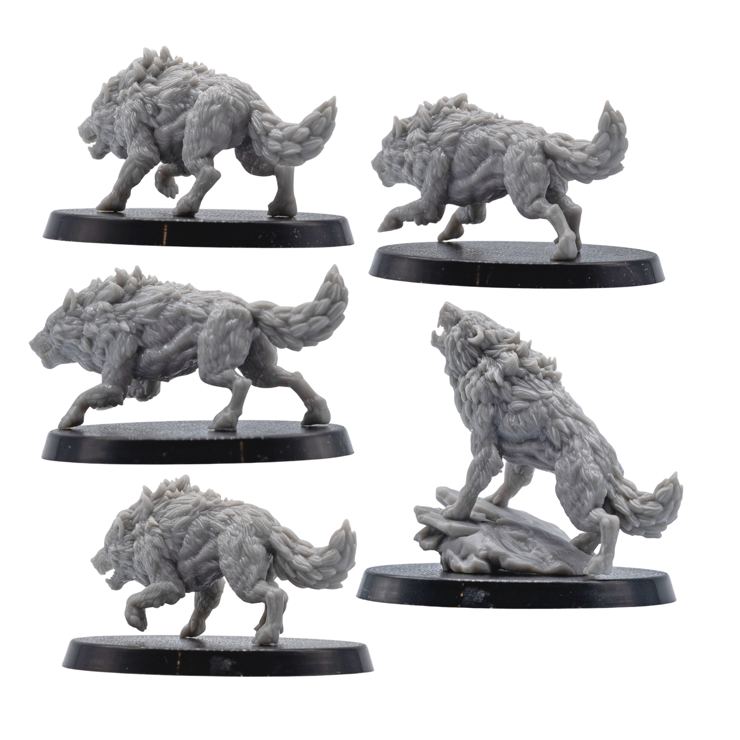 Rear and side views of unpainted Dire Wolf miniatures showing sculpted fur, snarling poses, tails, and movement detail.