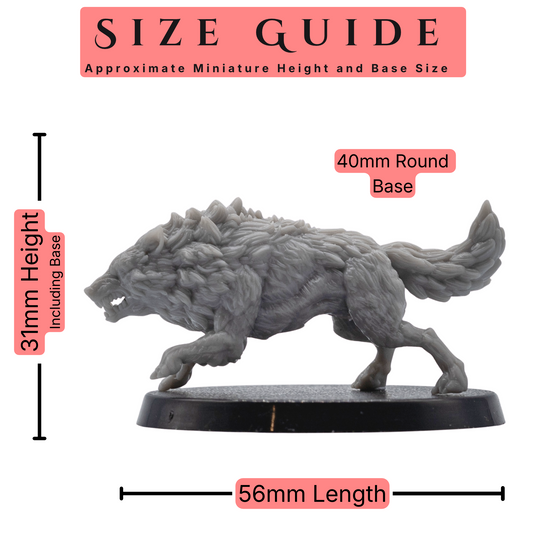 Dire Wolves set of 5 32mm scale miniatures size guide showing an approximate 31mm height including base, 56mm length, and 40mm round base size.