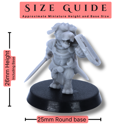 Dog Folk 28mm scale fantasy miniature size guide showing an approximate 26mm height including base and 25mm round base size.