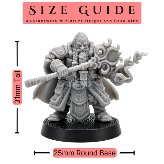 Size guide for a 32mm scale Dwarf Adventurer miniature by Forged Path Miniatures showing approximate height and 25mm round base size.