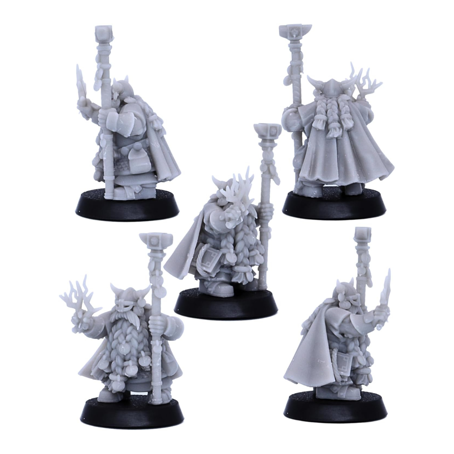 Unpainted cloaked dwarf hero miniature with staff, hammer, and adventuring gear shown from multiple angles.
