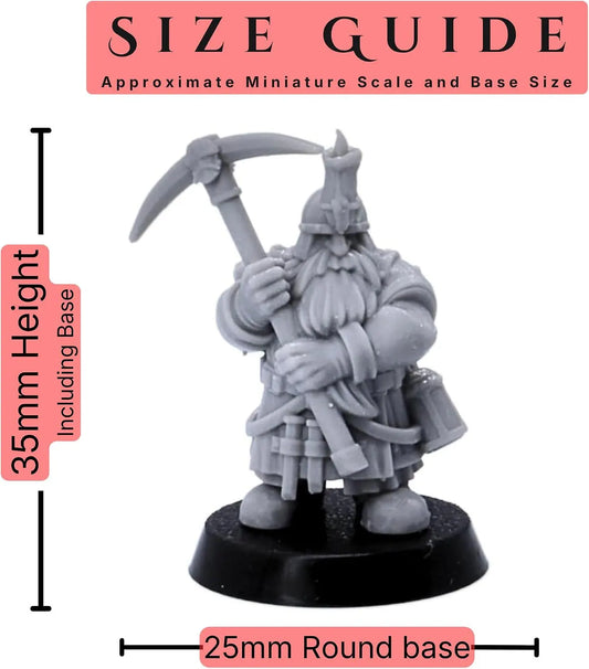 Dwarf Miner set of 10 32mm scale fantasy miniatures size guide showing an approximate 35mm height including base and 25mm round base size.