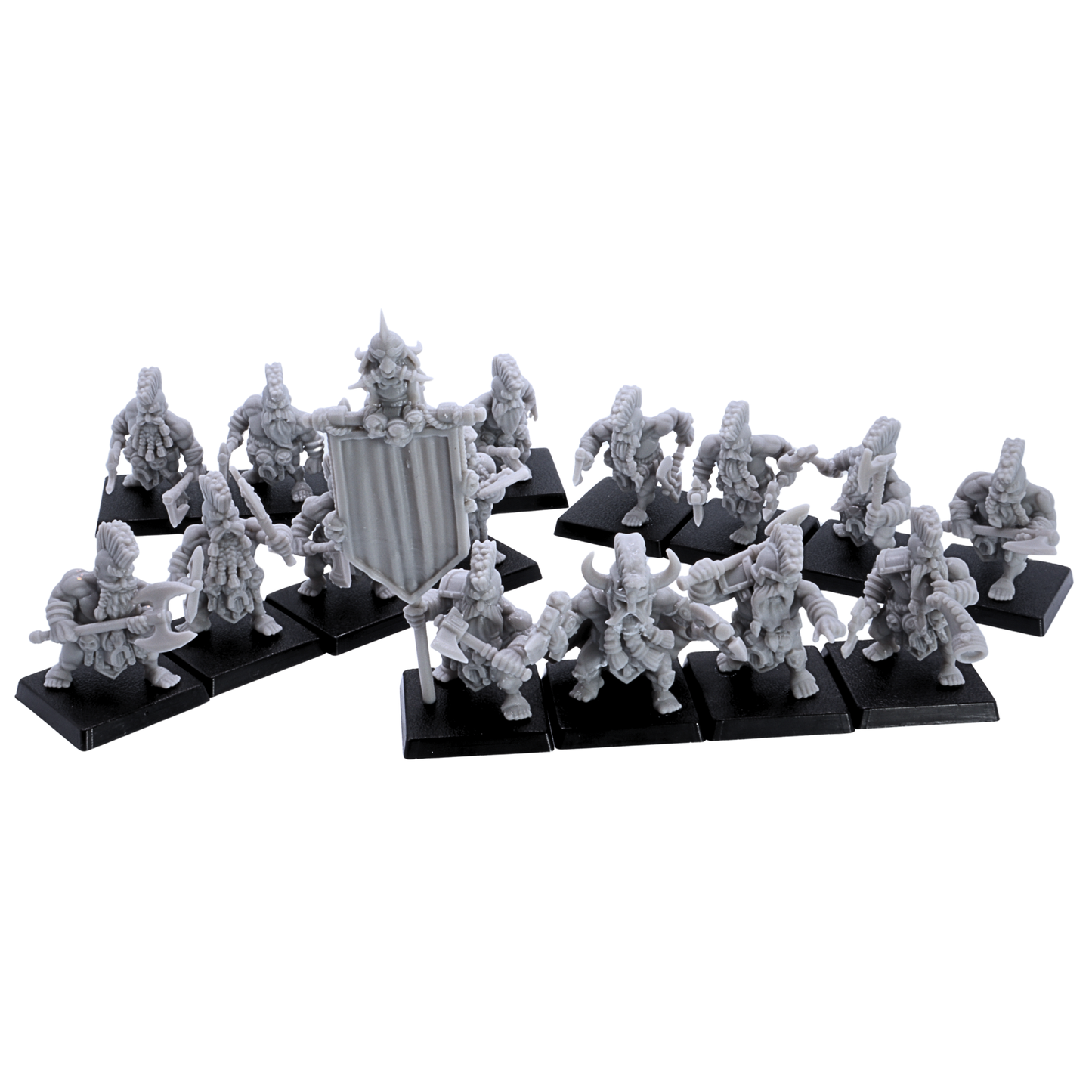 Group display of unpainted Dwarf Slayers by Kyoushuneko Miniatures showing the full fantasy dwarf unit on 25mm square bases.