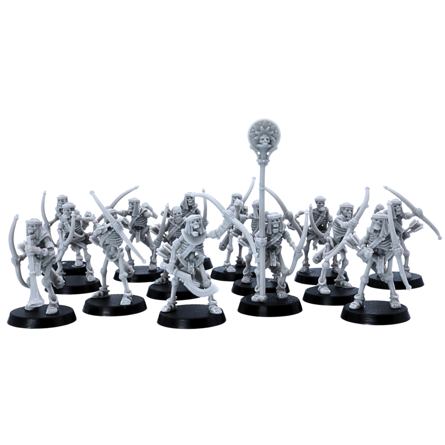 Close-up unit view of Egyptian Skeleton Bowmen resin miniatures with ancient undead archer details, command group, bows, and round bases.