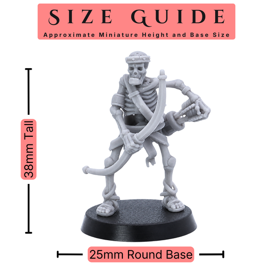 Size guide for a 32mm scale Egyptian Skeleton Bowman miniature showing 38mm height and 25mm round base.
