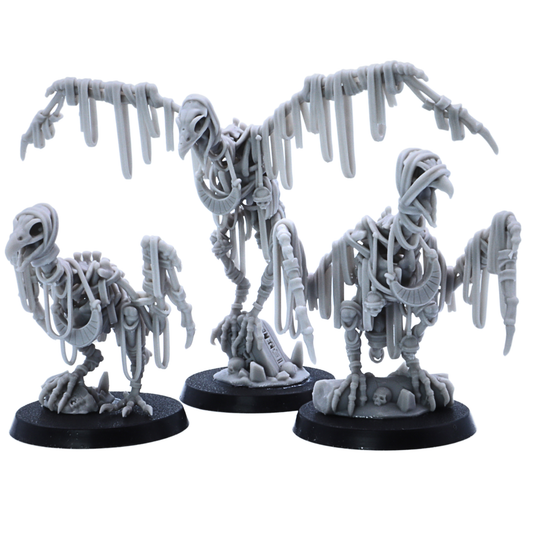 Unpainted Egyptian Vulture miniatures shown from the front, including three skeletal vulture creatures on round bases.