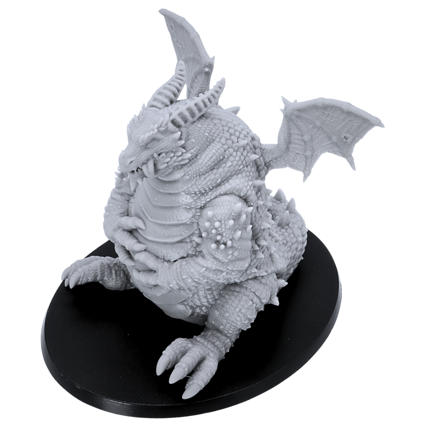 Angled view of the unpainted Fat Dragon Sitting miniature on a large oval base.