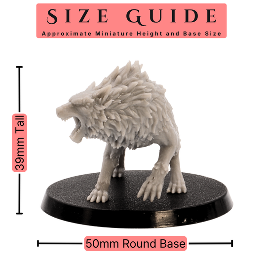 Size guide for a 28mm scale Fenrir miniature showing 39mm height and 50mm round base.
