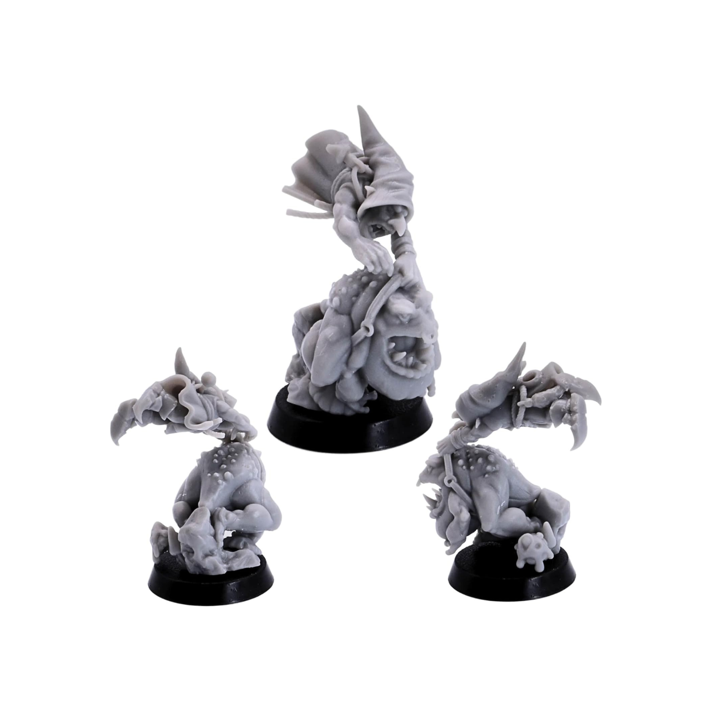 Rear views of Frog Rider miniatures showing packs, equipment and sculpted mount anatomy.