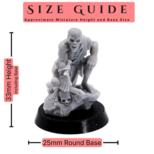 Ghoul Miniatures set of 14 32mm scale undead miniatures size guide showing an approximate 33mm height including base and 25mm round base size.