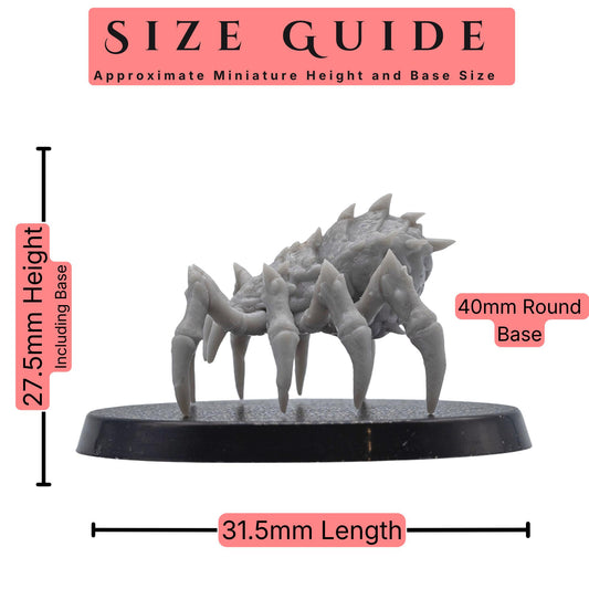 Giant Spiders set of 3 32mm scale miniatures size guide showing an approximate 27.5mm height including base, 31.5mm length, and 40mm round base size.
