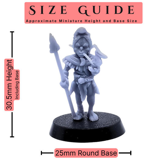 Goblin miniatures set of 8 28mm scale size guide showing an approximate 30.5mm height including base and 25mm round base size.