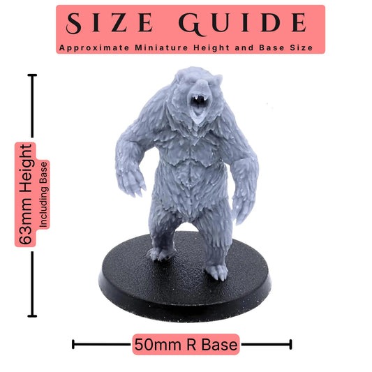 Grizzly Bear set of 3 28mm scale miniatures size guide showing an approximate 63mm height including base and 50mm round base size.