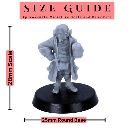 28mm scale halfling miniature shown with a 25mm round base size guide.