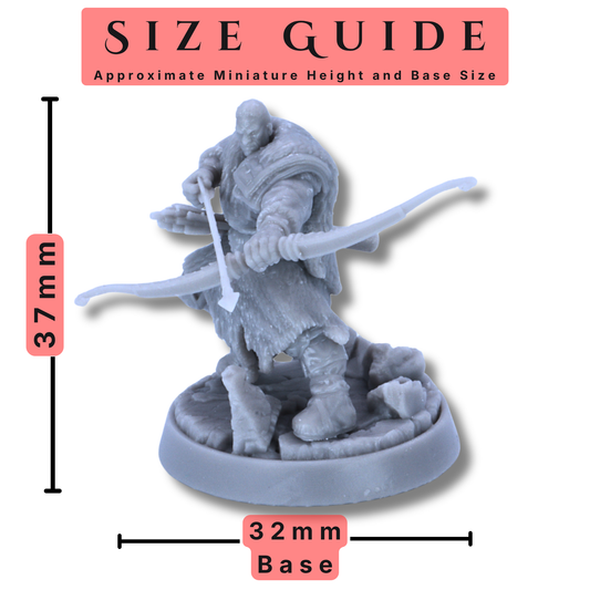 Size guide for Hegar Manhunter miniature showing approximate 37mm height and 32mm round base.