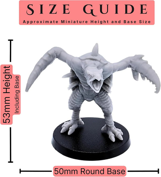 Hook Horror 28mm scale miniature size guide showing an approximate 53mm height including base and 50mm round base size.