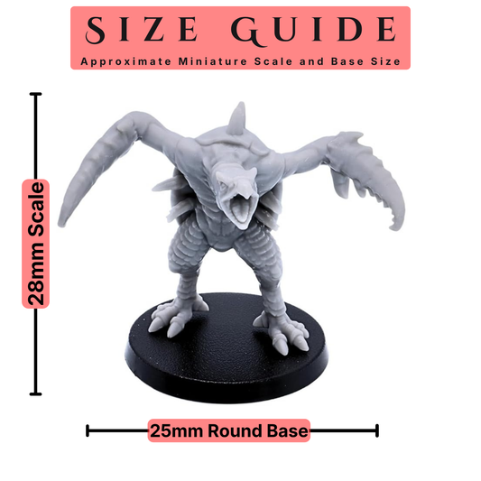 28mm scale Hook Horror miniature shown with a 25mm round base size guide.