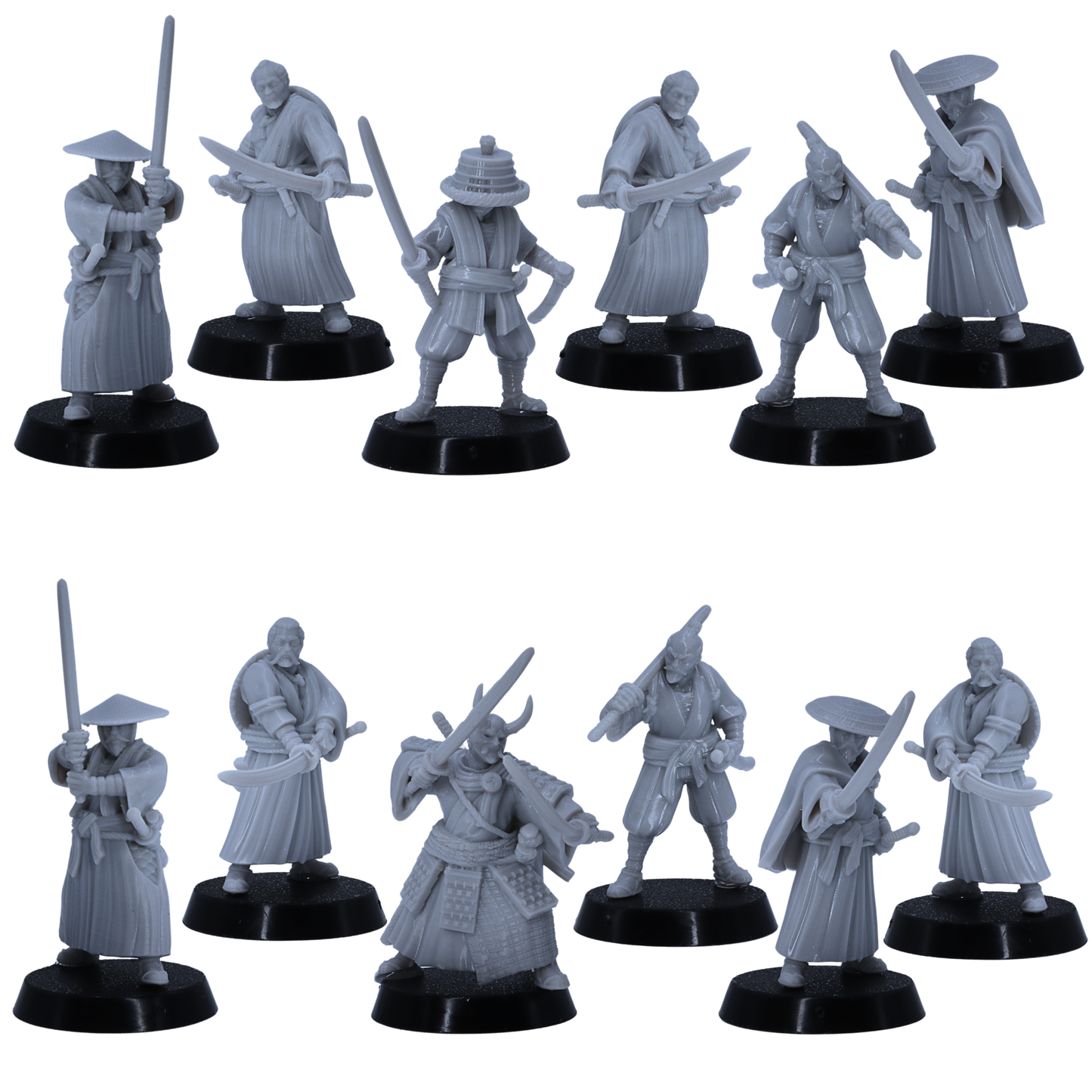 Alt Text: Full set of 12 Japanese Samurai Ronin miniatures by Kyoushuneko Miniatures.