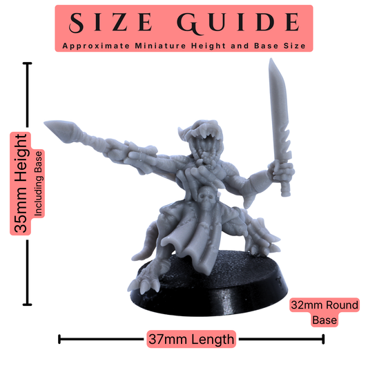 Kobold Army 28mm scale miniature size guide showing an approximate 35mm height including base, 37mm length, and 32mm round base.
