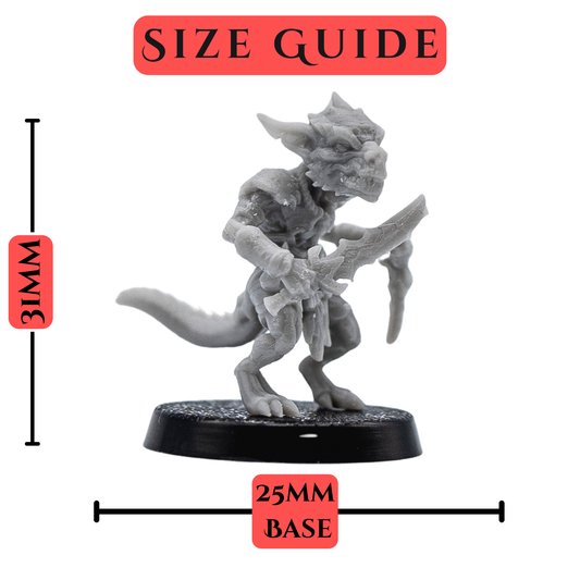 Size guide for a 32mm scale Kobold miniature on a 25mm round base by Forged Path Miniatures.