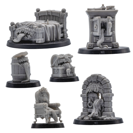 Unpainted set of six fantasy Mimic miniatures showing the different furniture and dungeon object designs.