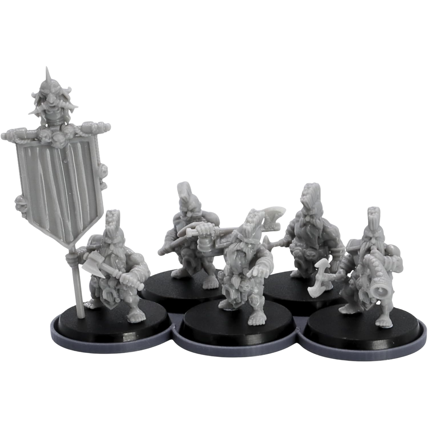 Example Forged Terrain movement tray holding five fantasy miniatures mounted on 32mm round bases.