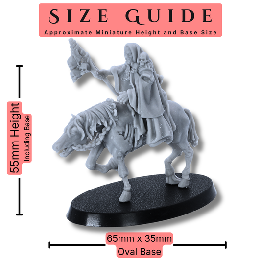 Necromancer on Horseback 32mm scale miniature size guide showing an approximate 55mm height including base and 65 x 35mm oval base size.