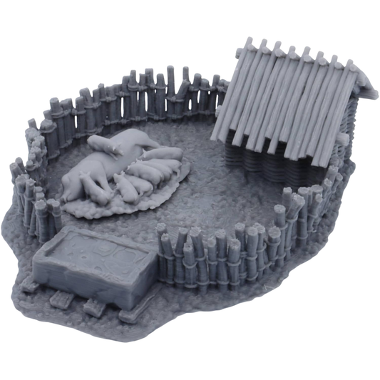 Unpainted Pig Pen terrain set showing the fenced enclosure, timber shelter, mother pig with piglets, and feeding trough.