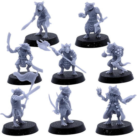 Unpainted Rat Warriors set of eight by Epic Miniatures showing varied fantasy rat fighters with melee weapons, armour, robes, banners, and adventuring gear.