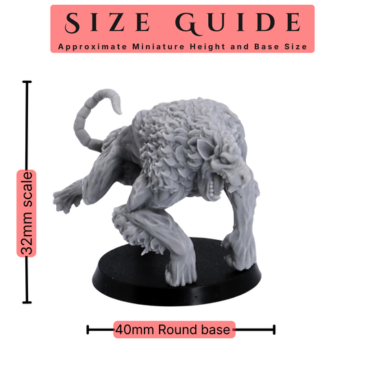 Size guide for Ratmen Brute miniature showing 32mm scale and 40mm round base.
