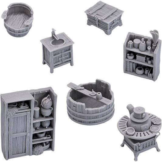 Unpainted 28mm Rustic Furniture set showing wooden household furnishings, shelves, wash basin, barrel furniture, storage, and stove.