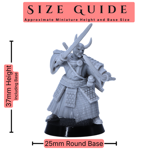 Samurai Ronin set of 12 30mm scale miniatures size guide showing an approximate 37mm height including base and 25mm round base size.