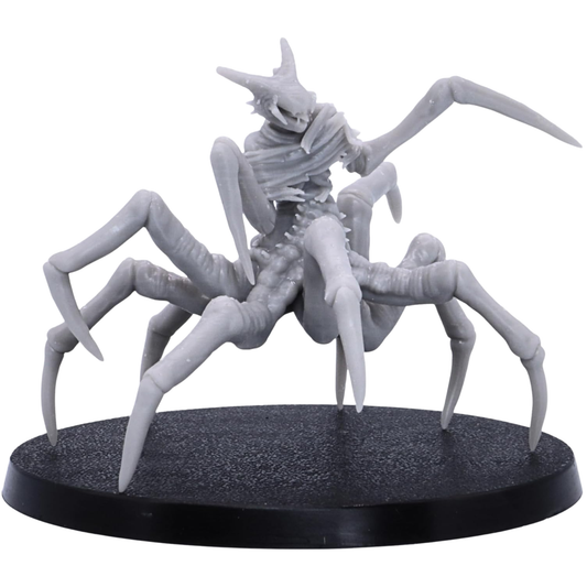 Unpainted Spider of Leng miniature shown from the front with eight pointed spider legs, humanoid torso, horned head, and 50mm round base.