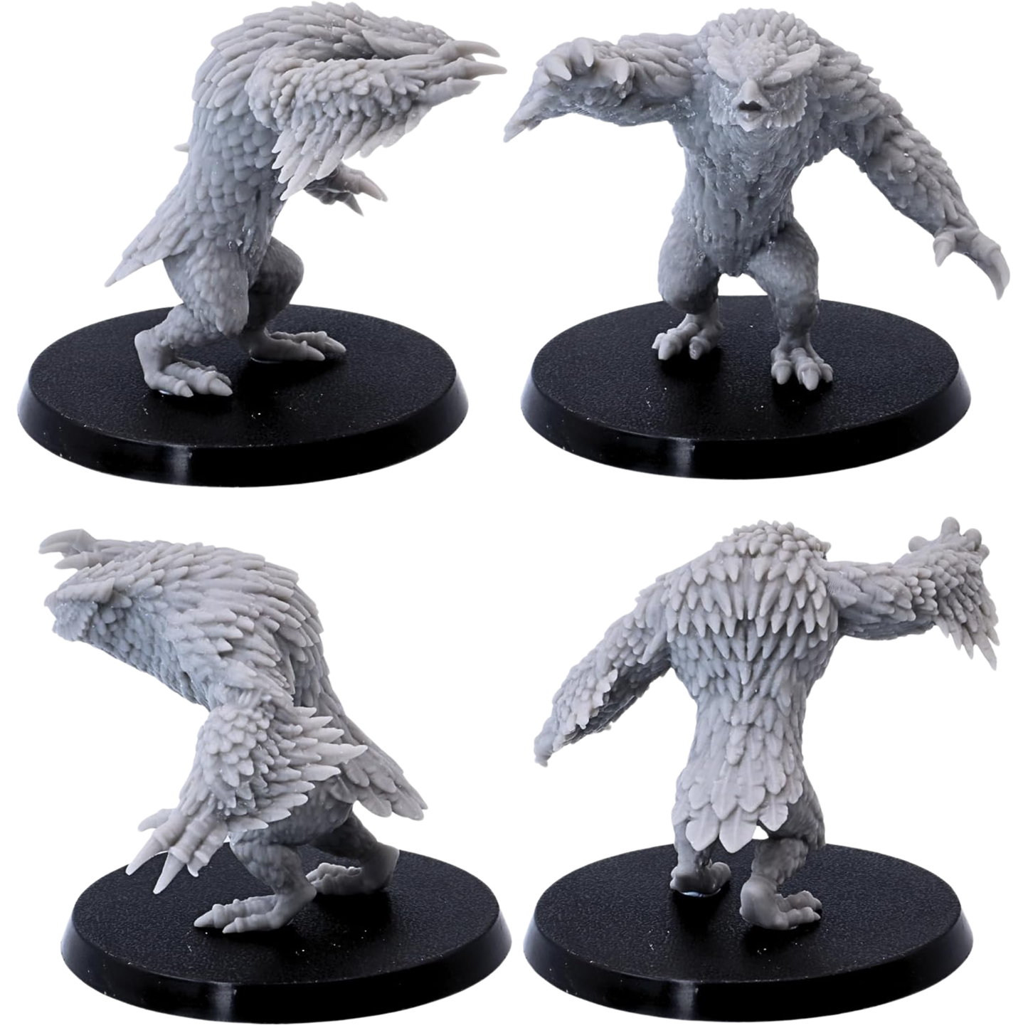 Unpainted standing Owlbear miniature shown from front, side, and rear angles.