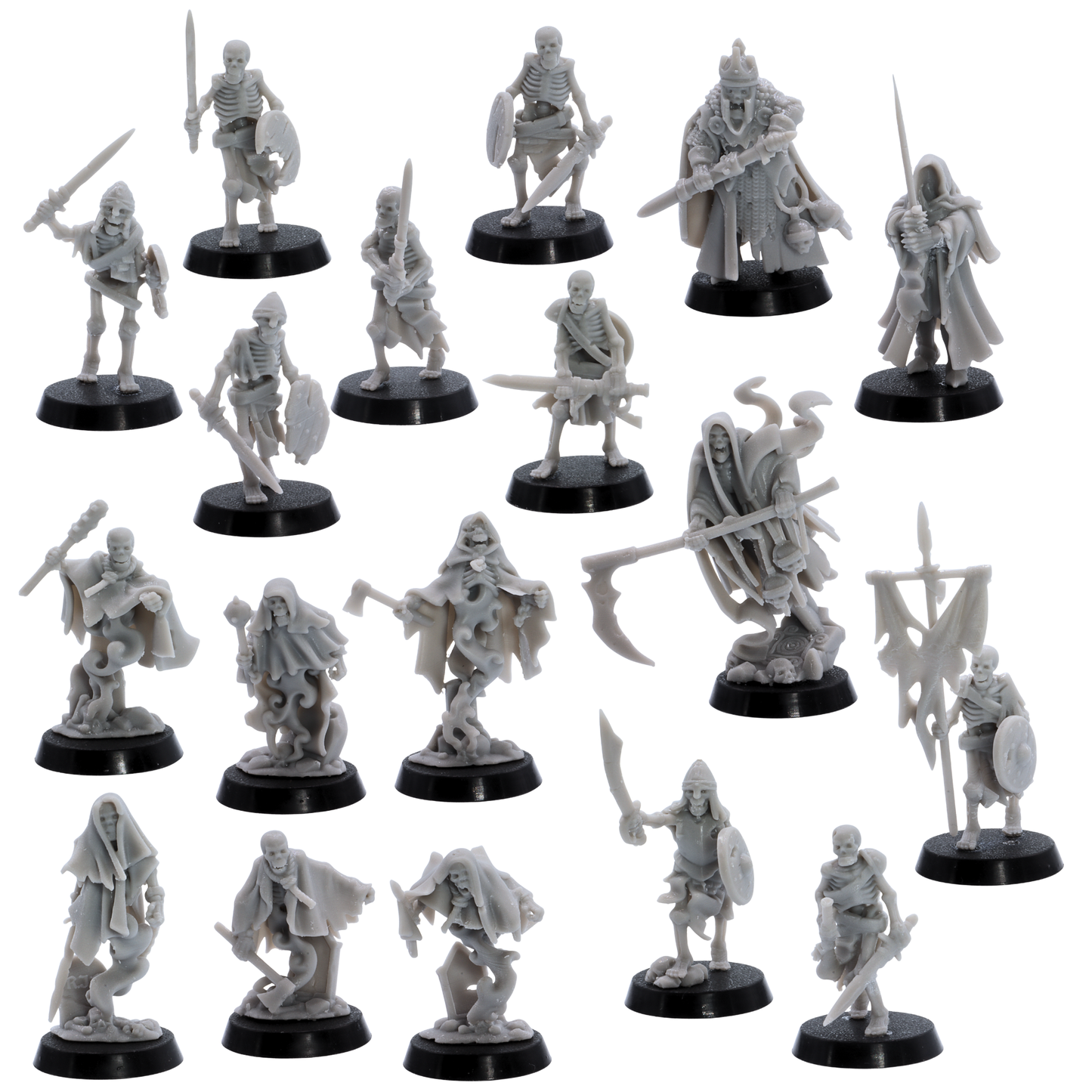 Full unpainted Undead Skeleton Army set of 18 resin miniatures by Highlands Miniatures including skeleton warriors, command models, crypt ghosts, and undead leaders.