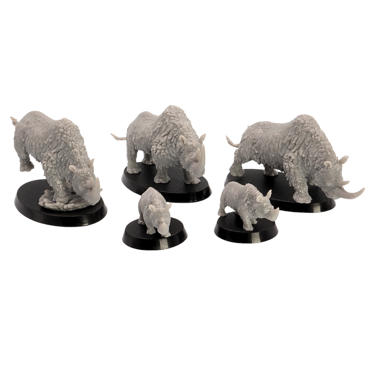 High detail unpainted grey resin Woolly Rhino miniature print by Epic Miniatures for tabletop wargaming.
