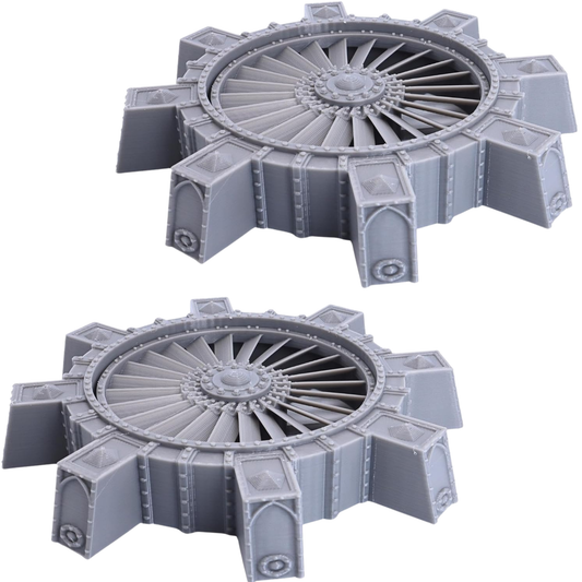 Unpainted set of two 28mm industrial Vent Shafts showing circular turbine fans and reinforced outer structures.