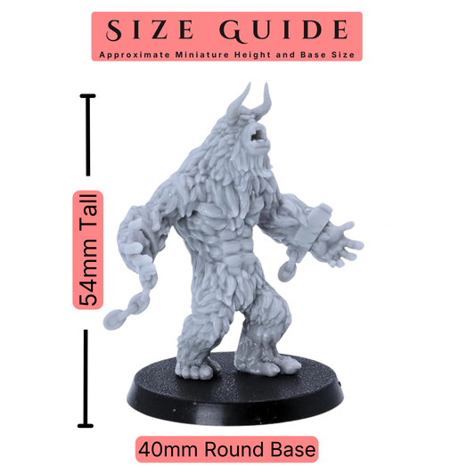 Size guide for Yeti miniature showing approximate 54mm height and 40mm round base size.