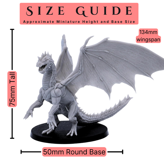 Young Green Dragon size guide showing approximately 75mm height, 134mm wingspan, and 50mm round base.
