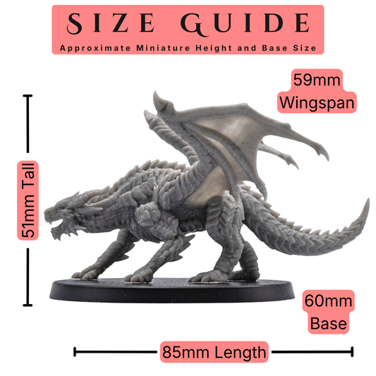 Size guide for a 32mm scale Young Red Dragon miniature showing height, wingspan, length, and 60mm round base size.