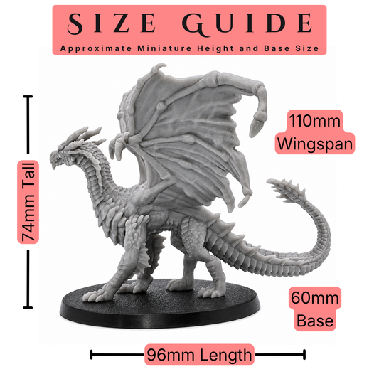 Size guide for a 28mm scale Young Yellow Dragon miniature showing height, length, wingspan, and 60mm round base size.