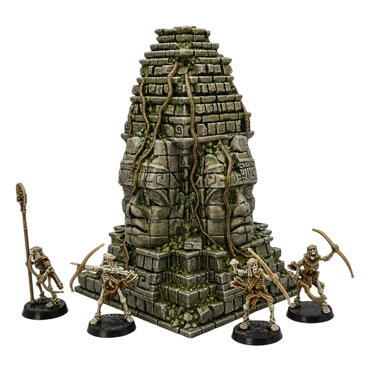 Painted Aztec Monument terrain by Printable Scenery with ancient stone ruin, vines, and skeleton miniatures for scale.