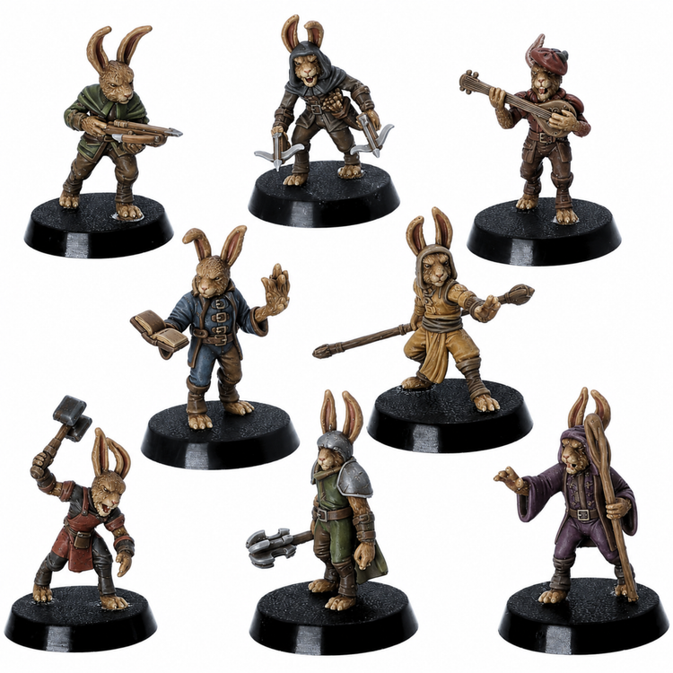 Painted Bunny Tribe miniature set of eight by Epic Miniatures, showing rabbitfolk adventurers with weapons, robes, instruments, and fantasy clothing.