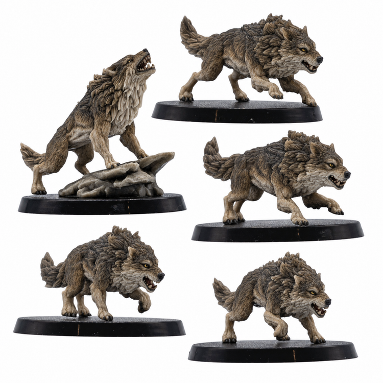 Painted example of five Dire Wolf fantasy tabletop miniatures by Forged Path Miniatures for wilderness encounters and wargaming.